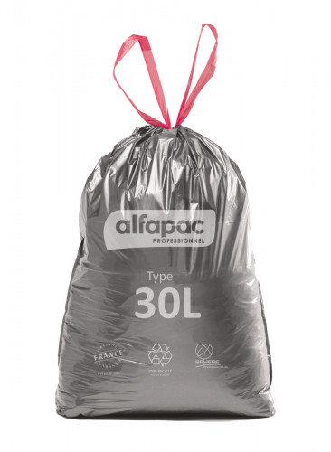 Sac à déchets avec lien coulissant plastique gris 30 L 21 microns Alfapac (50 pièces)