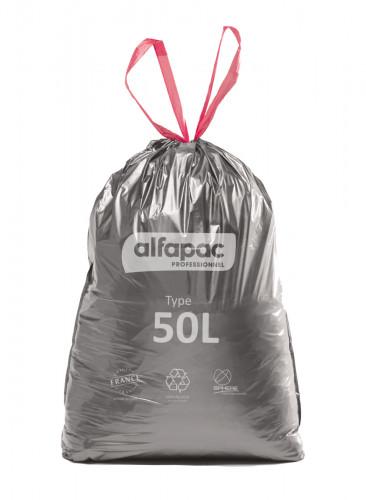 Sac à déchets avec lien coulissant plastique gris 50 L 25 microns Alfapac (30 pièces)